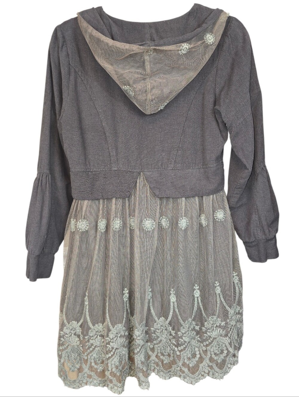 Sacred Threads Grey Corduroy & Embroidered Lace Hooded Jacket Coat - Size Small - Picture 7 of 13